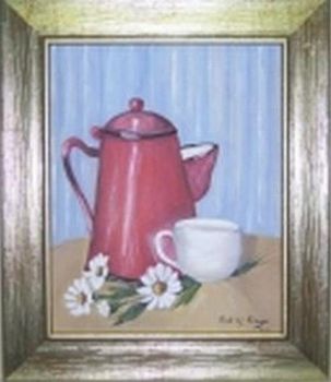 "Red pot and daisies"