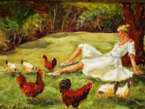 "Lady in White With Chickens"