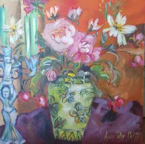 "Delft Green Vase with Peonies Still Life"