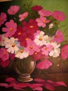 "Cosmos in glass vase"