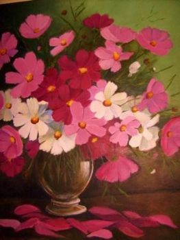 "Cosmos in glass vase"