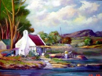 "Cape Cottage at Lake with Boat"