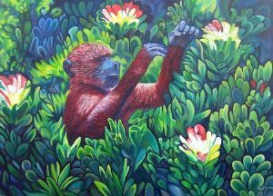 "Red Baboon in the Protea Tree"