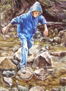 "Boy Crossing Mountain Stream"