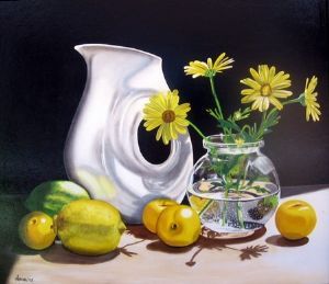 "Still Life - Daisies with Fruit"