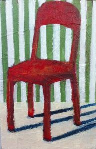 "Small Red Chair with Green Stripes"