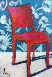 "Small Red Chair with Turquoise Background"