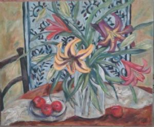 "Daylilies with Oranges on White Cloth"