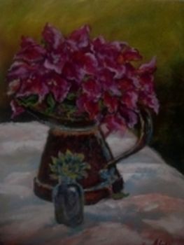 "Bougainvillea in Rusted Jug"