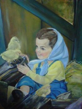 "Girl Playing With Chicks on Farm"
