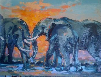 "Elephants at Water Hole"