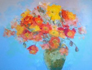 "Poppies in Olive Green Pot"