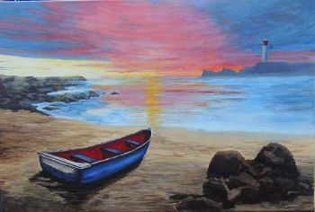 "Sunset Over Bay with Fishing Boat"