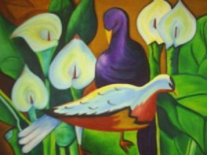"Blue Pigeons Amongst Arum Lilies"