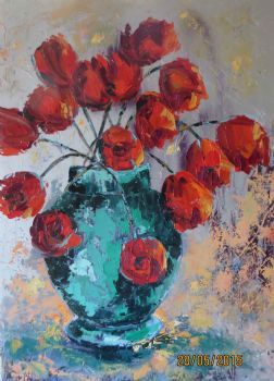 "Red Tulips In Emerald Pot"
