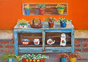 "Potplants Displayed on an Old Table"
