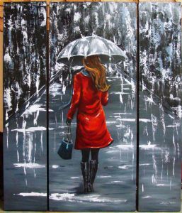 "Lady in Red Walking in Rain (Triptych)"