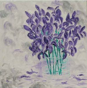 "Irises in Glass Vase"