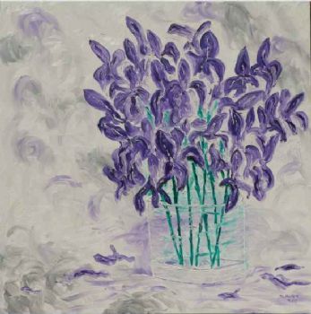 "Irises in Glass Vase"