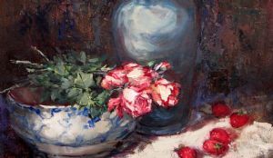 "Roses on Blue Pot"