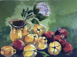 "Yellow Jug Quinces And Pomegranets"