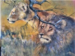 "Lion Resting, Lioness watching"