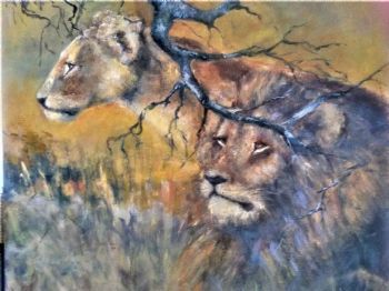 "Lion Resting, Lioness watching"