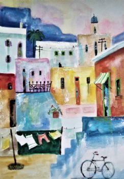 "Bokaap Houses and Table Mountain"