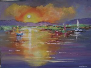 "Sunset Reflection with Sailboats"