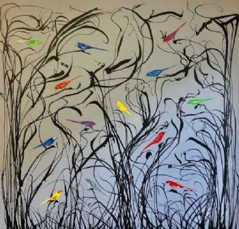 "Coloured birds Grey Backgroud"
