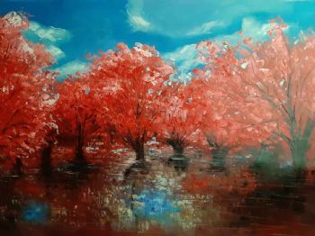 "Red Trees in Calm Water"
