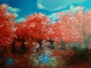 "Red Trees in Calm Water"
