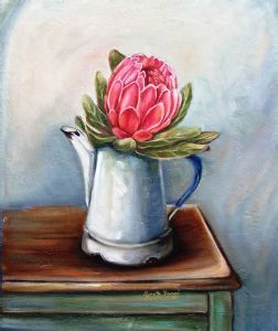 "Pink Protea in Enamel Coffee Kettle"