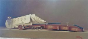 "Still Life with Violin, Music Notes, Glass"