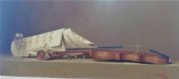 "Still Life with Violin, Music Notes, Glass"
