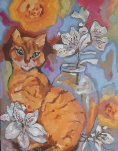 "Cat and Alstroemeria"