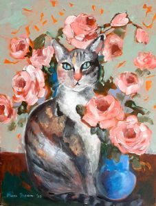 "Cat and Coral Roses"
