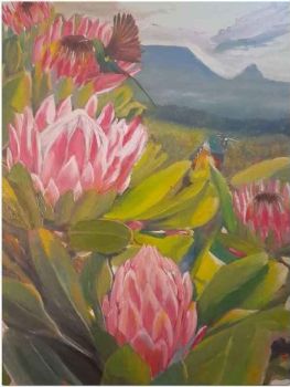"Original Oil Proteas and birds of the Cape "