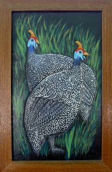 "Two Guinea fowls on leather"