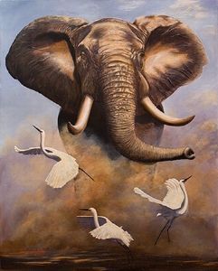 "Elephant and Egrets"