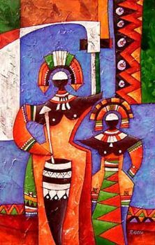 "2 Women Grinding Maize Painting"