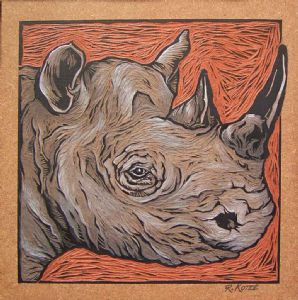 "Rhino - Coloured & Incised Woodcut Block"