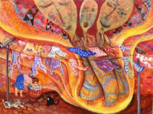 "Woman hanging up washing with angels"