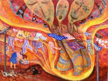 "Woman hanging up washing with angels"