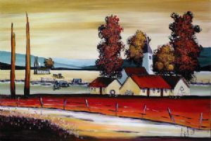 "Family Farm with church and Cattle"