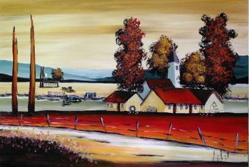 "Family Farm with church and Cattle"