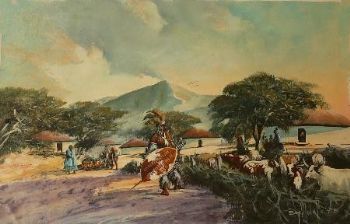 "Zulu warrier in the village"