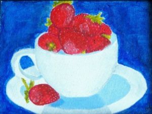 "Strawberry Teacup on Blue"