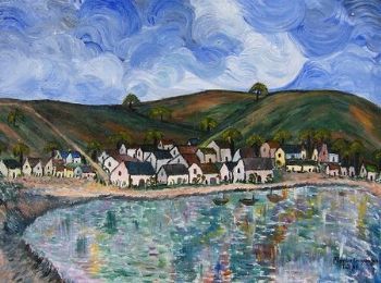 "Three Boats on Quiet Dam"