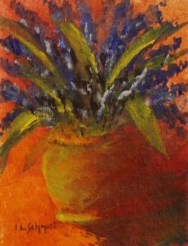 "Blue Flowers in Orange Vase"